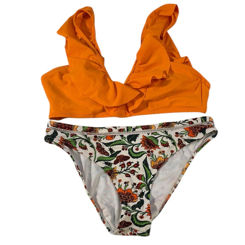 Cupshe Bikini Bottoms M Floral + Orange Ruffle Top Mixed Set Swimsuit